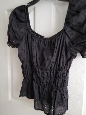 Free Kisses Black Puff Sleeve Eyelet Top